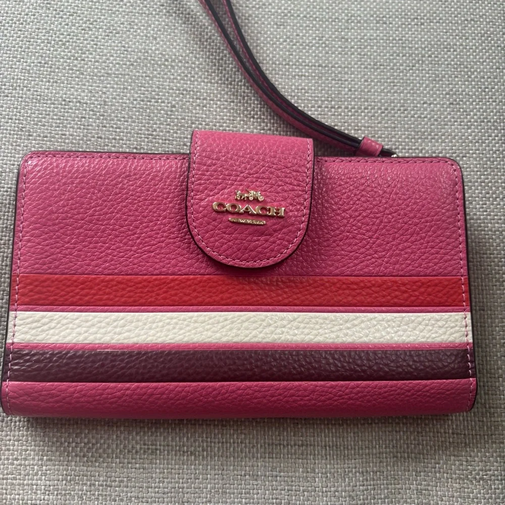 Coach Pink Leather Wristlet Wallet with Stripe Accents - Picture 11 of 11